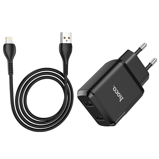 Сетевое зарядное устройство для телефона + кабель Lightning Apple HOCO N7 |2USB 2.1A| Черный - Фото 2 Сетевое зарядное устройство для телефона + кабель Lightning Apple HOCO N7 |2USB 2.1A| Черный - изображение 2