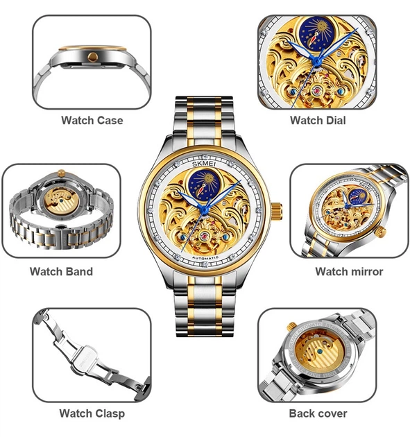 Мужские часы Skmei Механические M-025 Белый-желтое золото с