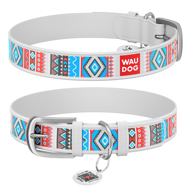Ошейник для собак кожаный WAUDOG Design с QR паспортом, рисунок "Этно ...