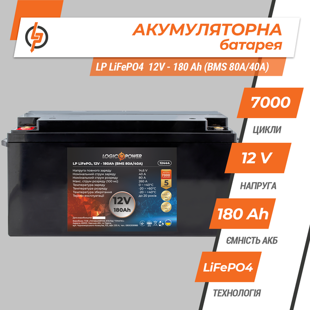 Аккумулятор LogicPower LP LiFePO4 12 V - 180 Ah (BMS 80A/40А) пластик - изображение 4