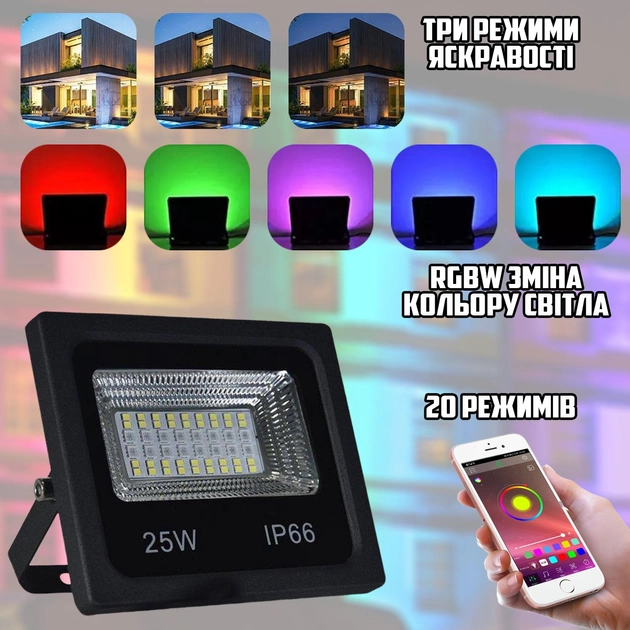 Прожектор SMART LED 25W IP66 RGB Bluetooth с приложением - изображение 7