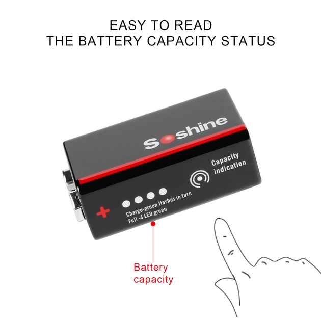 Акумулятор Soshine USBLi-7.4V-500, 6F22 (крона), зарядка USB-C, 7.4V, 500mAh, літій-полімерний (Li-Po) LSD, LED, Black - Фото 8 Акумулятор Soshine USBLi-7.4V-500, 6F22 (крона), зарядка USB-C, 7.4V, 500mAh, літій-полімерний (Li-Po) LSD, LED, Black - зображення 8