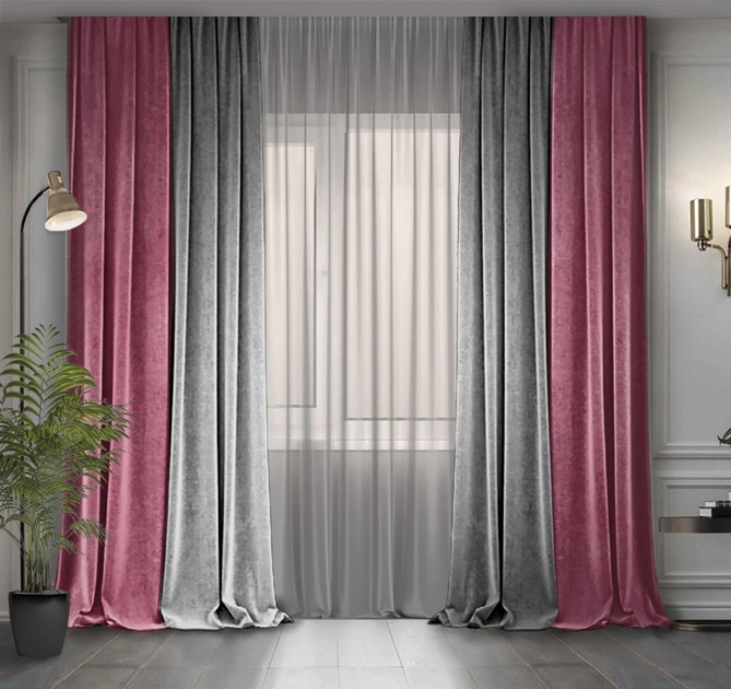 Акция на Комплект двокольорових штор Декор-Ін Мікровелюр 300x250 2 шт Сірі з темно-рожевим от Rozetka