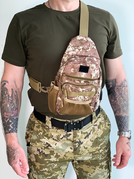 Рюкзак однолямочный - военная сумка через плечо LeRoy Tactical цвет- светлый пиксель (+USB) - изображение 1