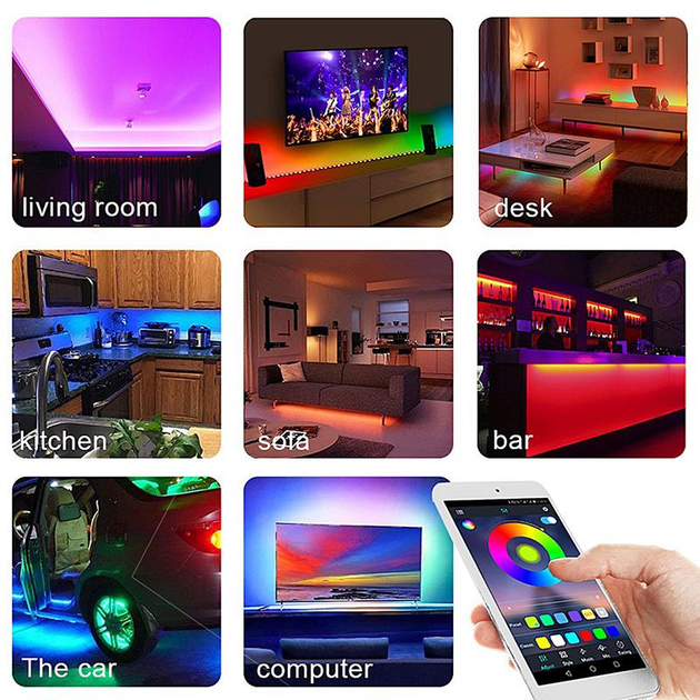 Світлодіодна стрічка RGB USB-5 метра з Bluetooth контролером, різнобарвного світіння, керування з телефону APP - зображення 5