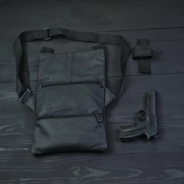 Тактическая кожаная сумка с кобурой черный / месенджер / слинг / мужская - изображение 2