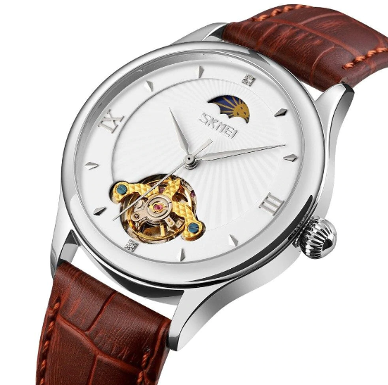 Мужские часы Skmei Механические 9251 Белый/серебро с коричневым