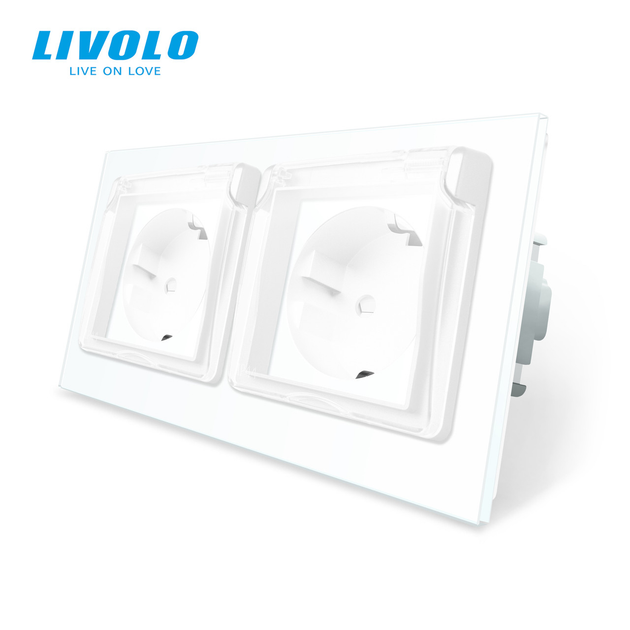 Розетка двойная влагозащищенная с крышкой Livolo белый стекло (VL ...