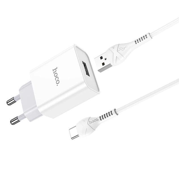 Зарядний пристрій Hoco C81A Smart 1USB 2.1A + кабель Type C, білий - зображення 3