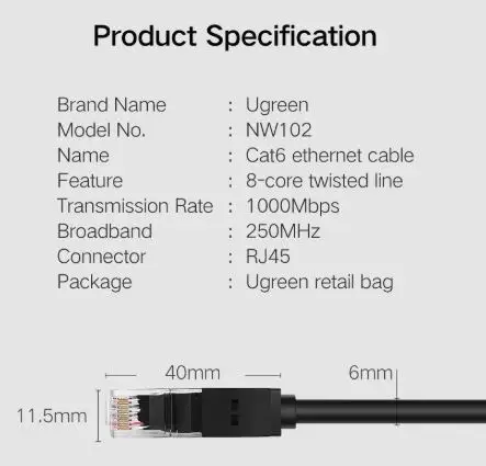 Патч корд UGREEN NW102 сетевой кабель 1000 Mбит\с Ethernet RJ45 Cat 6 круглый 20М Black (20166) - изображение 9