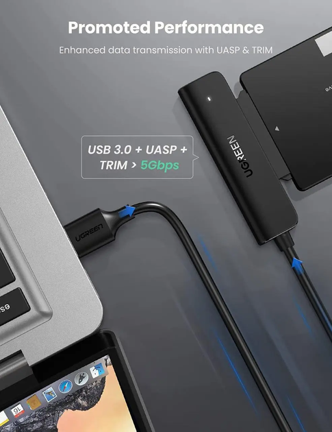 Кабель-адаптер UGREEN SATA-USB 3.0 для 2,5-дюймового SSD и жесткого диска Black (CM321) - Фото 2 Кабель-адаптер UGREEN SATA-USB 3.0 для 2,5-дюймового SSD и жесткого диска Black (CM321) - изображение 2