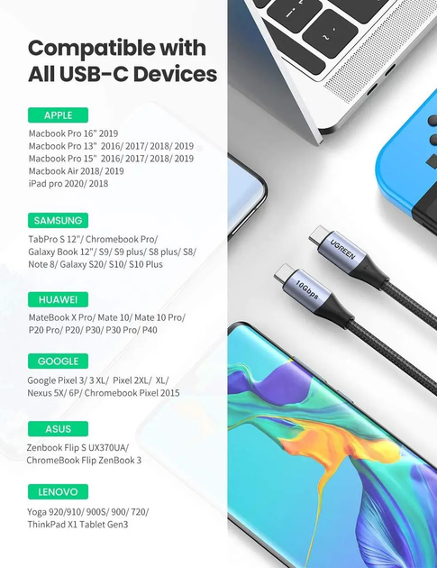 Кабель зарядный Ugreen USB Type-C to Type-C USB C 3.1 Gen 2 10Gbps 4K с нейлоновой оплеткой 1 м (US355) - Фото 7 Кабель зарядный Ugreen USB Type-C to Type-C USB C 3.1 Gen 2 10Gbps 4K с нейлоновой оплеткой 1 м (US355) - изображение 7