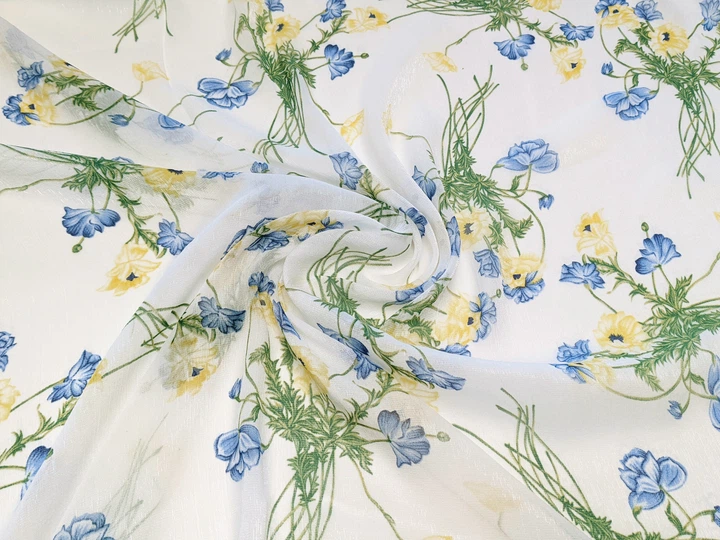 Ткань Шифон с блеском букетики, белый, пог. м. (ш45, 1911019, д3 цв2 ...
