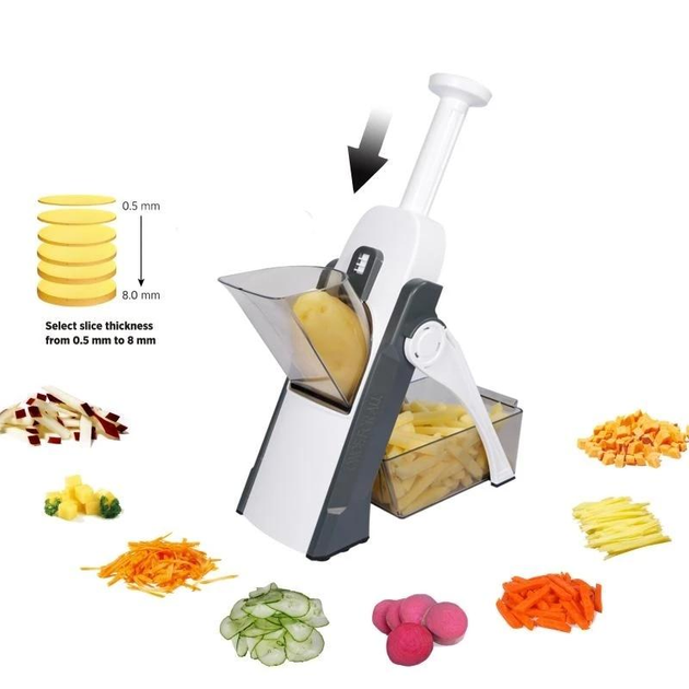 Універсальний слайсер овочерізка для овочів та фруктів Brava Spring Multislicer з контейнером, ручний мультислайсер, терка - изображение 12