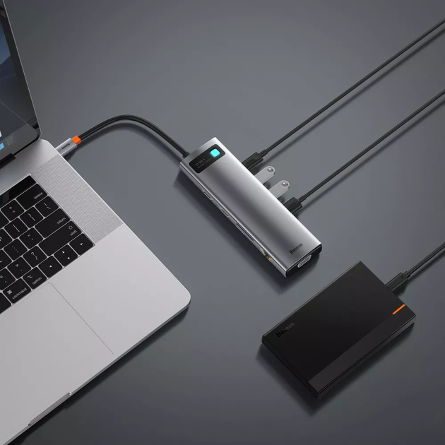 USB-Хаб Baseus Metal Gleam Series 11в1 3xUSB/2x4K HD/Type-C/TF/SD/Type-C PD/VGA/3.5mm/RJ45 сірий - Фото 4 USB-Хаб Baseus Metal Gleam Series 11в1 3xUSB/2x4K HD/Type-C/TF/SD/Type-C PD/VGA/3.5mm/RJ45 сірий - зображення 4