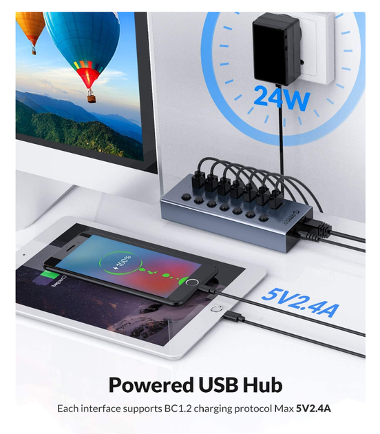 USB хаб Orico BT2U3-7AB USB 3.0 7 портів алюмінієвий з блоком живлення hub концентратор - зображення 2