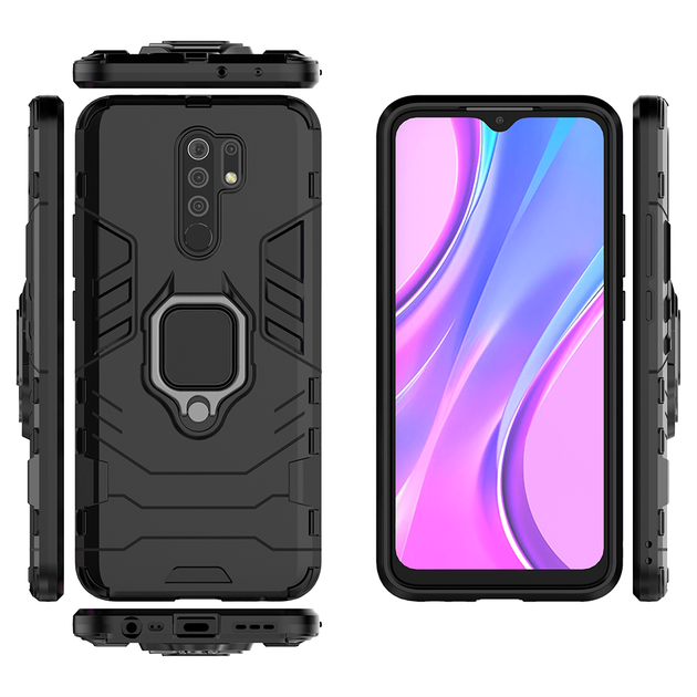 Чехол Iron Ring для Xiaomi Redmi 9 бампер противоударный с подставкой кольцом Black - изображение 4