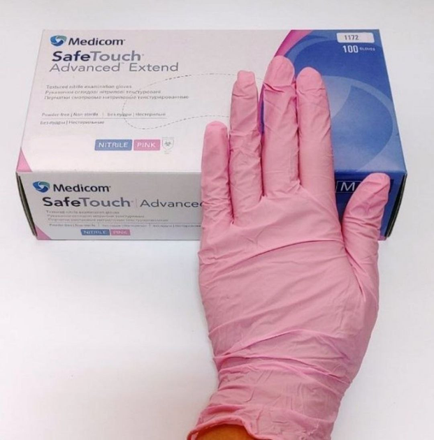 Нітрилові рукавички Medicom SafeTouch® Advanced Pink текстуровані без пудри 1000 шт рожеві Розмір M (3,6 г) - зображення 1