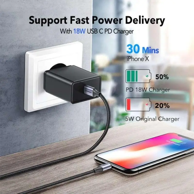 Кабель зарядний Type-C-Lightning UGREEN MFI-36W для iPhone iPad 2 м Black (US304) - зображення 4