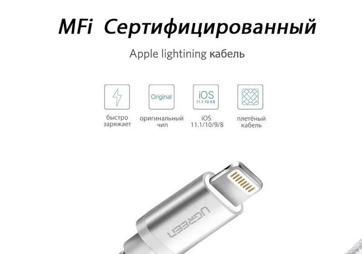 Кабель зарядний Ugreen MFi сертифікований lightning 2.4А з алюмінієвим корпусом 2М White (US199) - зображення 2