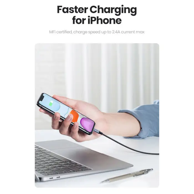 Кабель зарядный UGREEN USB-A to Lightning для iPhone iPad 2.4А с оплеткой 1 м Black (US199) - Фото 5 Кабель зарядный UGREEN USB-A to Lightning для iPhone iPad 2.4А с оплеткой 1 м Black (US199) - изображение 5