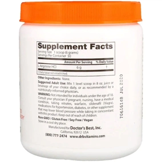 Аргінін Doctor's Best Pure L-Arginine Powder, 10.6 oz 300 g /50 servings/ DRB-00374 - зображення 2