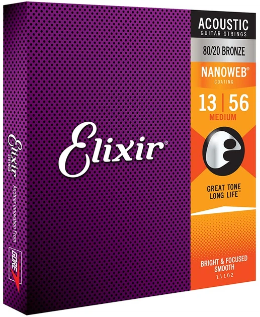 Струны для акустической гитары Elixir 11102 NanoWeb 80/20 Bronze 13-56 Medium (AC NW M) - Фото 2 Струны для акустической гитары Elixir 11102 NanoWeb 80/20 Bronze 13-56 Medium (AC NW M) - изображение 2