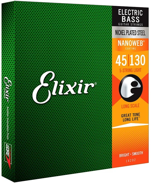 Струны для бас-гитары Elixir 14202 Nickel Plated Steel NanoWeb Coating Long Scale 5-strings Light 45-130 (5S NW L L) - Фото 2 Струны для бас-гитары Elixir 14202 Nickel Plated Steel NanoWeb Coating Long Scale 5-strings Light 45-130 (5S NW L L) - изображение 2