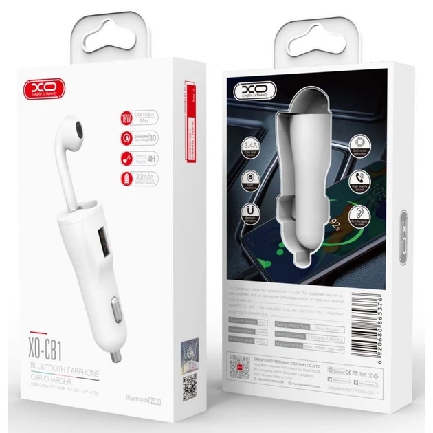 Автомобильное зарядное устройство (адаптер) XO CB1 1USB / QC3.0 / 3.4A / 18W white - Фото 2 Автомобильное зарядное устройство (адаптер) XO CB1 1USB / QC3.0 / 3.4A / 18W white - изображение 2