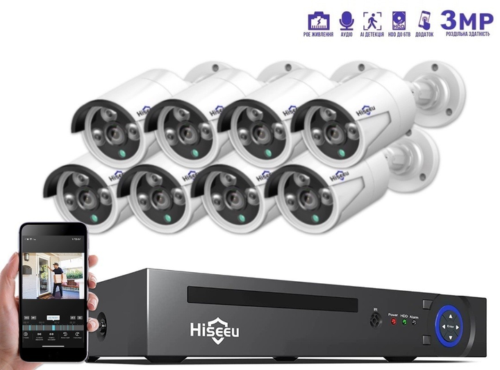 Комплект IP видеонаблюдения Hiseeu 3мп POE на 8 камер + PoE регистратор ...