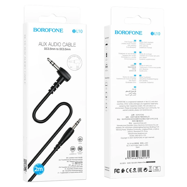 Аудиокабель BOROFONE BL10 3.5mm male to 3.5mm male, PVC, 2m, Black 6974443382181 - изображение 2