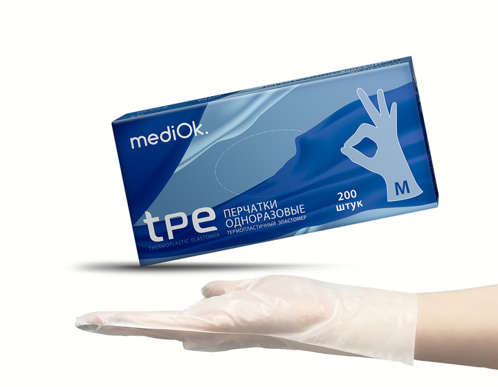 Рукавички неопудрені одноразові ТПЕ, MediOk, прозорі, розмір M, (200 шт./100 пар) - изображение 1