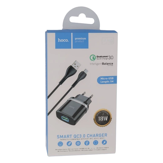 Мережевий Зарядний Пристрій Hoco C12Q QC 3.0 18W 3A Micro, Black - зображення 4