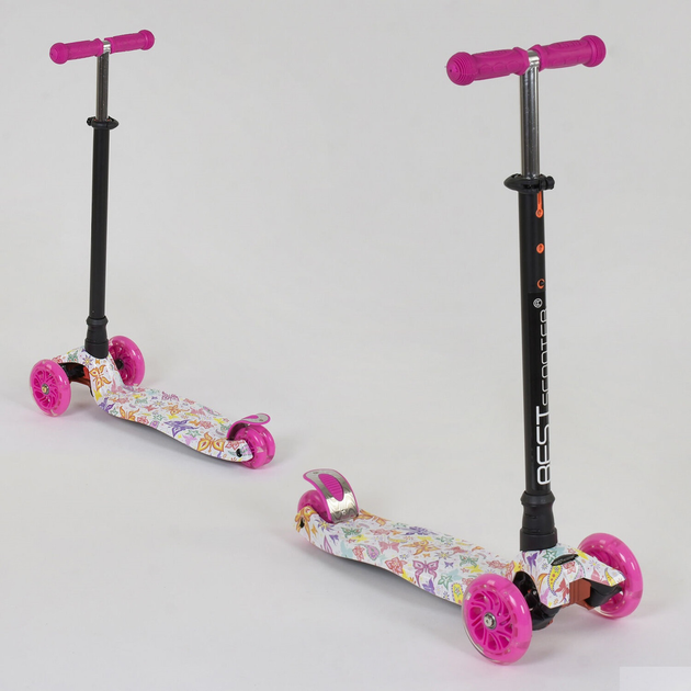 Самокат MAXI Best Scooter 4 колеса свет 60кг Розовый Бабочки с защитой ...