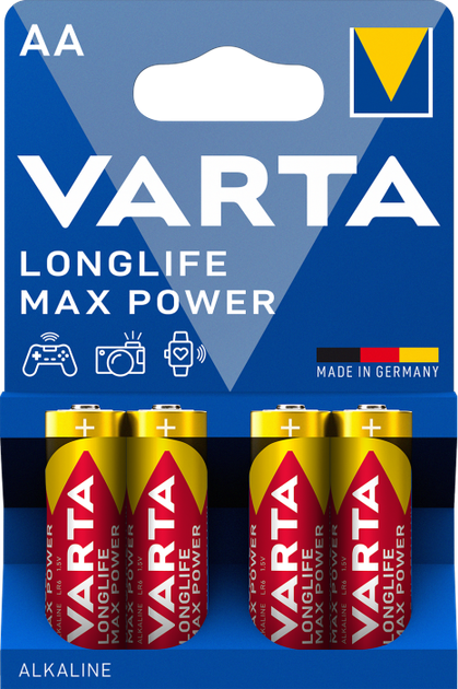 Батарейка пальчик VARTA LONGLIFE MAX POWER AA 1.5V блістер 4 шт - Фото 1 Батарейка пальчик VARTA LONGLIFE MAX POWER AA 1.5V блістер 4 шт - зображення 1