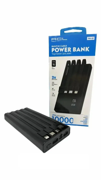 Power Bank павербанк ACL 09PW УМБ з екраном 10000mAh, 2*USB та вбудовані кабелі Lightning/MicroUSB/Type-C/USB - зображення 3