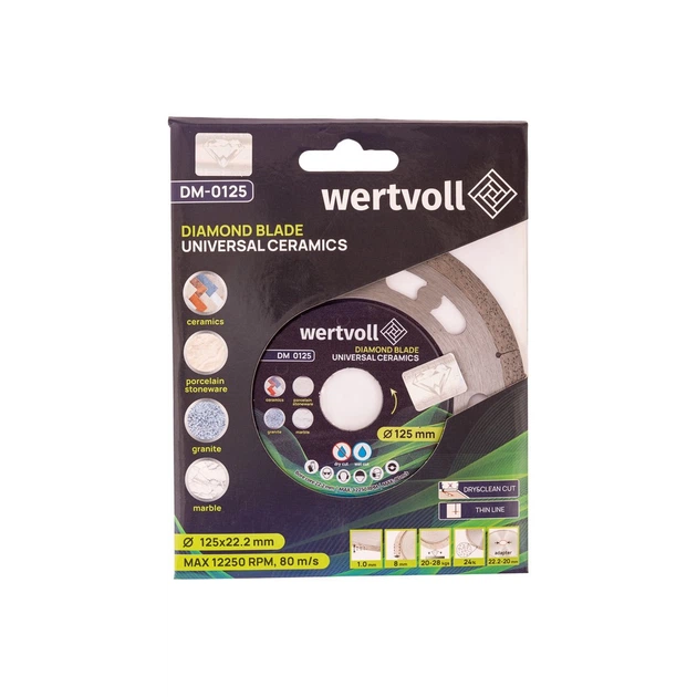 Диск алмазний для кераміки WERTVOLL UNIVERSAL CERAMICS 125х1 мм 24% висота алмазної кулі 8 мм адаптер 22.2-20 мм 12250 об/хв DM-0125 - Фото 3 Диск алмазний для кераміки WERTVOLL UNIVERSAL CERAMICS 125х1 мм 24% висота алмазної кулі 8 мм адаптер 22.2-20 мм 12250 об/хв DM-0125 - зображення 3