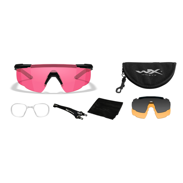 Защитные баллистические очки с сменными линзами Wiley X Saber Advanced, серые, розовые, оранжевые линзы в черной оправе - изображение 1