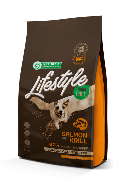 Сухой беззерновой корм с лососем и крилем для щенков всех пород Lifestyle Grain Free Salmon with Krill Junior All Breeds 1.5 кг - Фото 1 Сухой беззерновой корм с лососем и крилем для щенков всех пород Lifestyle Grain Free Salmon with Krill Junior All Breeds 1.5 кг - изображение 1
