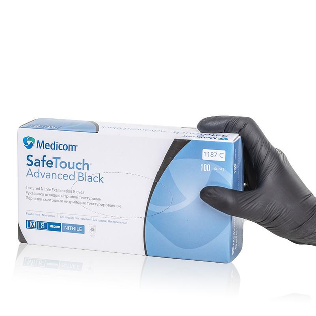 Перчатки нитриловые Medicom M черные 5 г плотные (100 шт/уп) - изображение 1