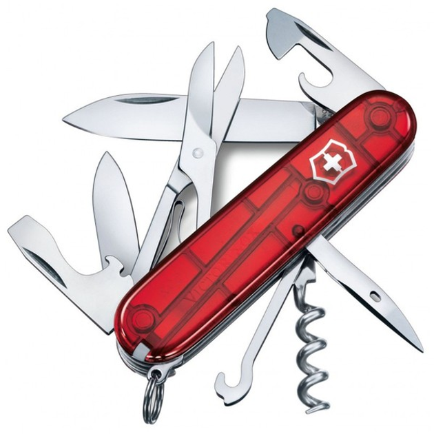 Складной швейцарский нож Victorinox Vx13703.TB1 Climber 15 функций 91 мм красный-полупрозрачный - изображение 1