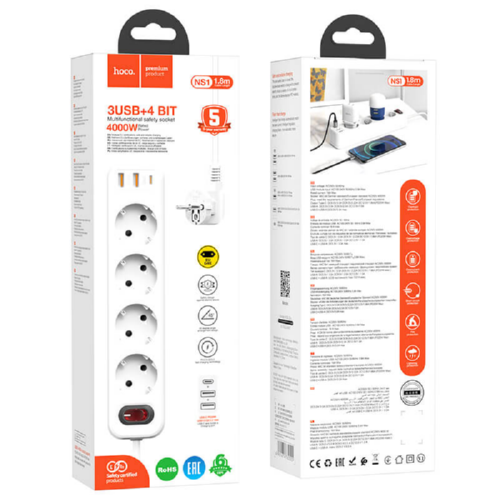 Удлинитель сетевой HOCO NS1fast charge 4Sockets 4000W 20W 3A PD QC 1.8m 2xUSB 1xType-C White - изображение 2