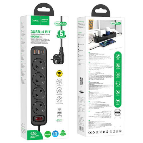 Удлинитель сетевой HOCO NS1fast charge 4Sockets 4000W 20W 3A PD QC 1.8m 2xUSB 1xType-C Black - изображение 2