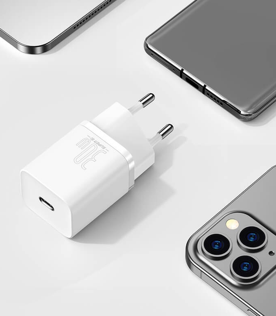 Адаптер сетевой BASEUS Super Si quick charger IC 1Type-C 3A/30W PD/QC CCSUP-J01 белый - изображение 2