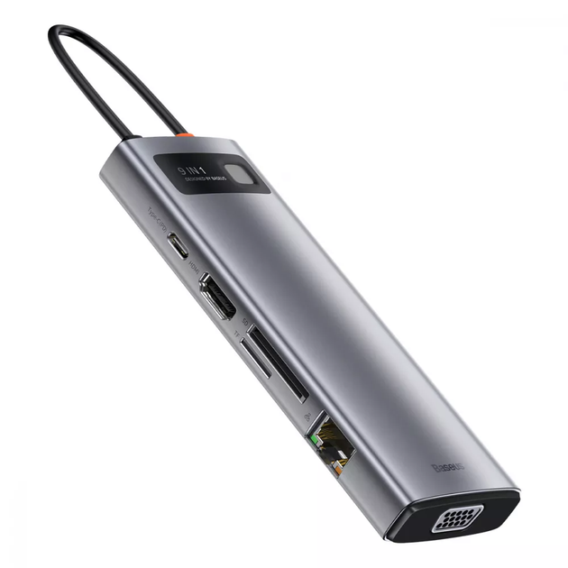 USB-Хаб Baseus Metal Gleam Series 9в1 3xUSB3.0 / 4KHD / TF / SD / Type-C PD / VGA / RJ45 gray - Фото 2 USB-Хаб Baseus Metal Gleam Series 9в1 3xUSB3.0 / 4KHD / TF / SD / Type-C PD / VGA / RJ45 gray - зображення 2