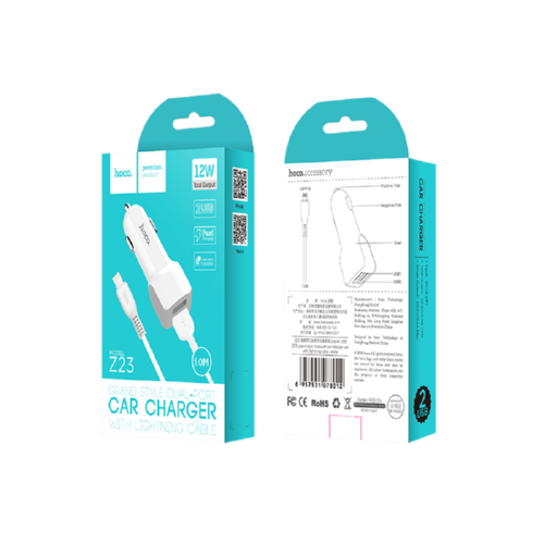 Адаптер Hoco автомобильный Lightning cable Z23 2USB 2.4A white - изображение 2