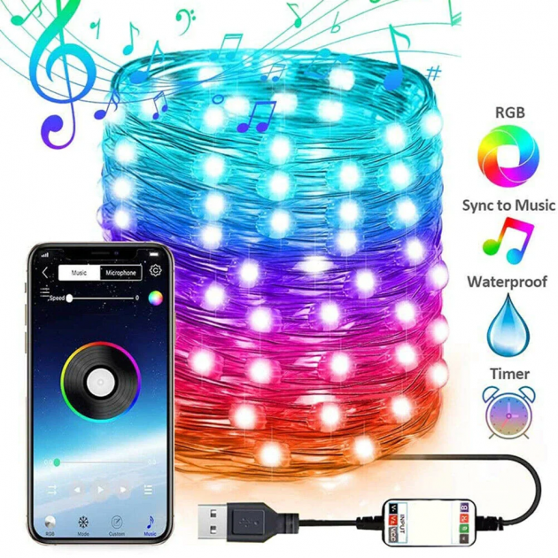 Розумна світлодіодна смарт гірлянда RGB для ялинки новорічного декору керування кольором з телефону 5 м 50 LED (HJ7748855) - Фото 2 Розумна світлодіодна смарт гірлянда RGB для ялинки новорічного декору керування кольором з телефону 5 м 50 LED (HJ7748855) - зображення 2