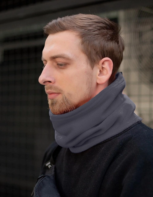 Бафф флисовый шарф-труба зимний универсальный серый на шнурке 25*30 см - изображение 2