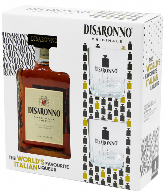 Ликер Disaronno Original 0.7 л 28% в подарочной упаковке с двумя стаканами (8001110186112) - изображение 1
