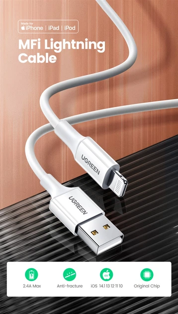 Kabel Ugreen US155 USB 2.0 męski na Lightning męski kabel niklowany obudowa ABS 2.4A 2 m Biały (6957303827305) - obraz 2